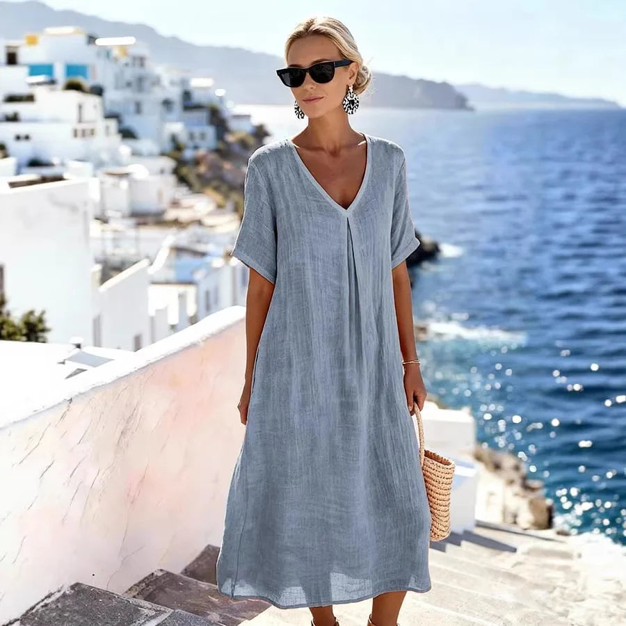 Annalise | Dames Casual Midi Jurk – Elegante V-Hals met Vloeiende Pasvorm