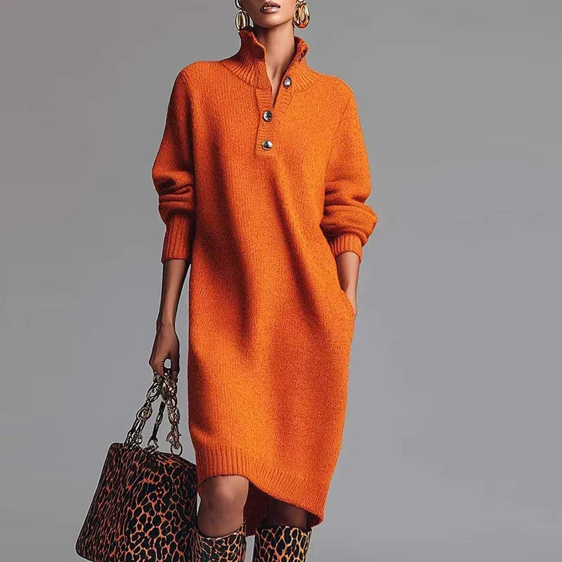 Olenka | Zachte gebreide midi-jurk voor dames – Gebreid met hoge kraag en knopen, casual elegante