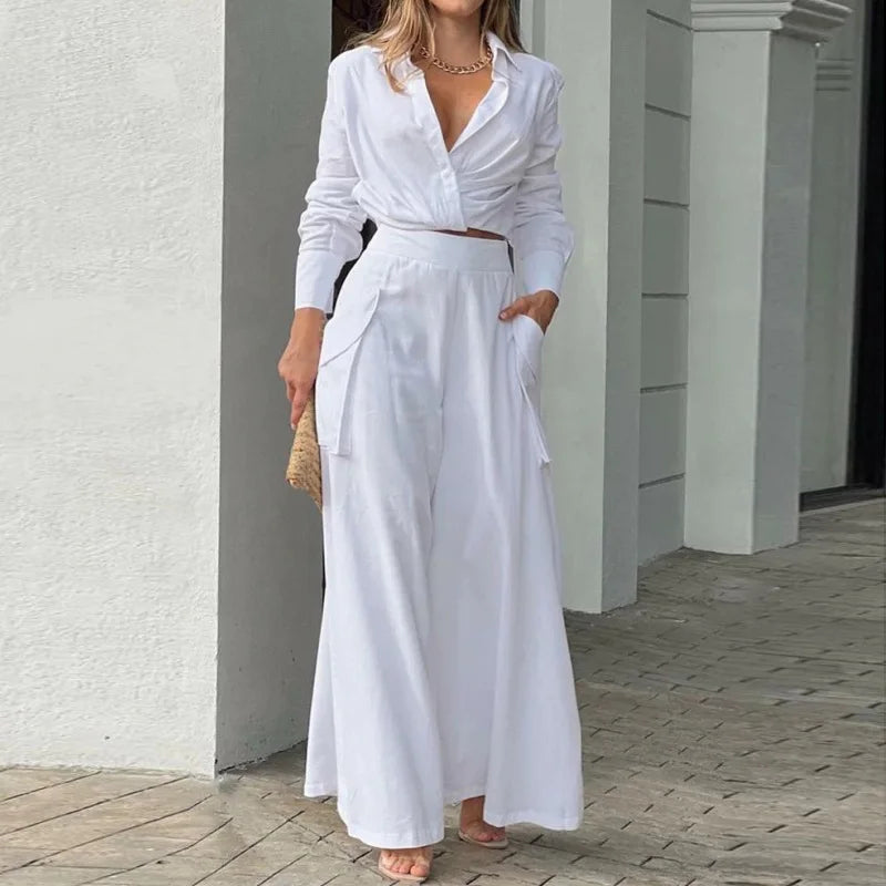Mireya | Casual tweedelige set voor dames – Set met crop top en wijdvallende palazzo-broek
