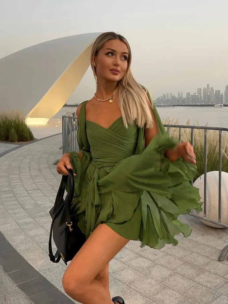 Jada | Groene mini-jurk voor dames – Geplooide jurk met lange mouwen