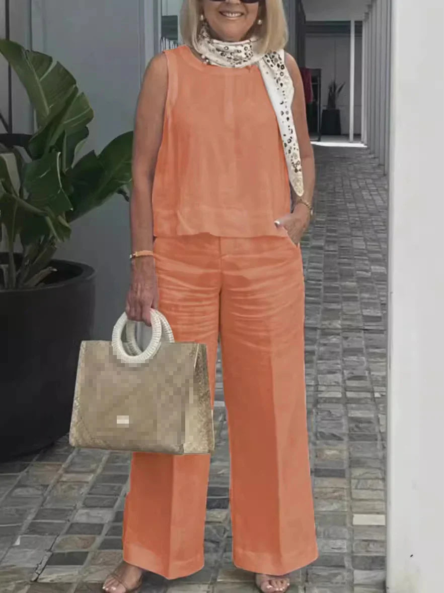 Zorina | Casual katoen-linnen set voor dames – tuniek met lange mouwen en broek met wijde pijpen