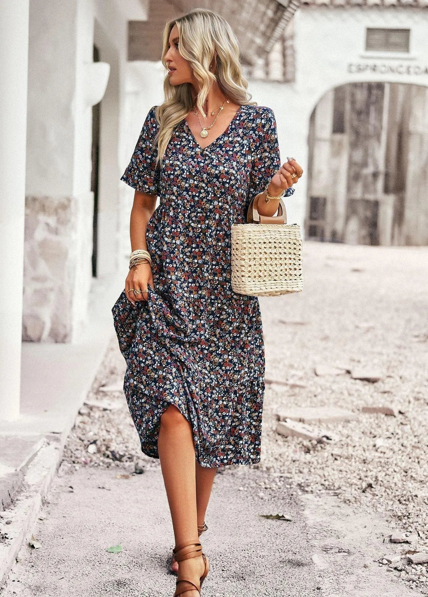Orlina | Korte mouwen, luchtige lichte casual strand- en vakantiejurk