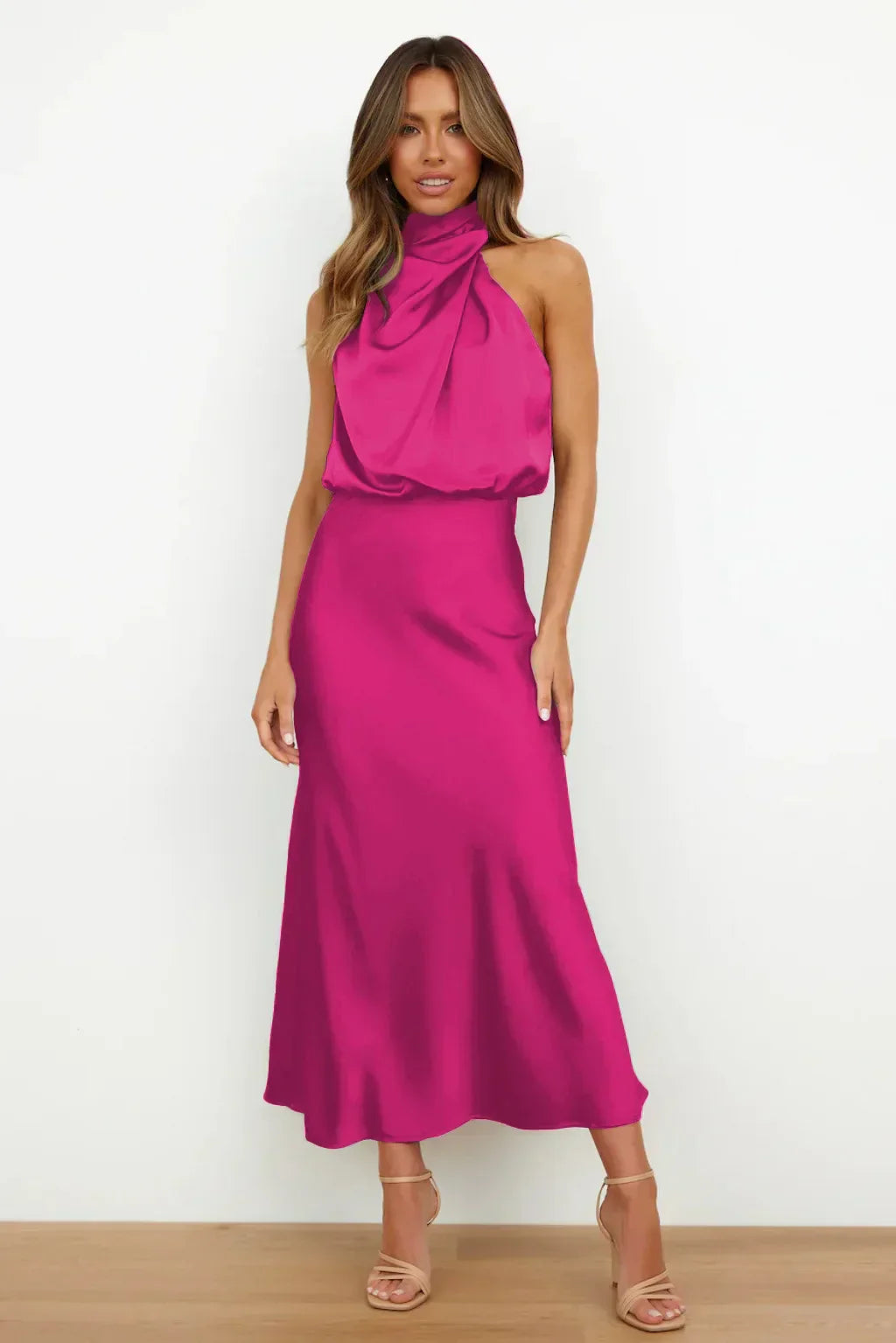 Emily | Satijnen Halterjurk voor Dames – Elegante Rugloze Maxi Avond- en Feestjurk