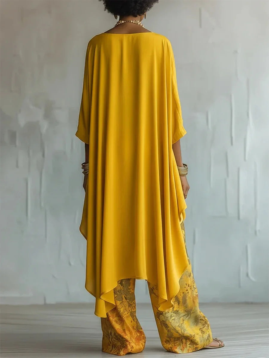 Marcella | Gedrukte tweedelige set voor dames – Asymmetrische top en broek met wijde pijpen