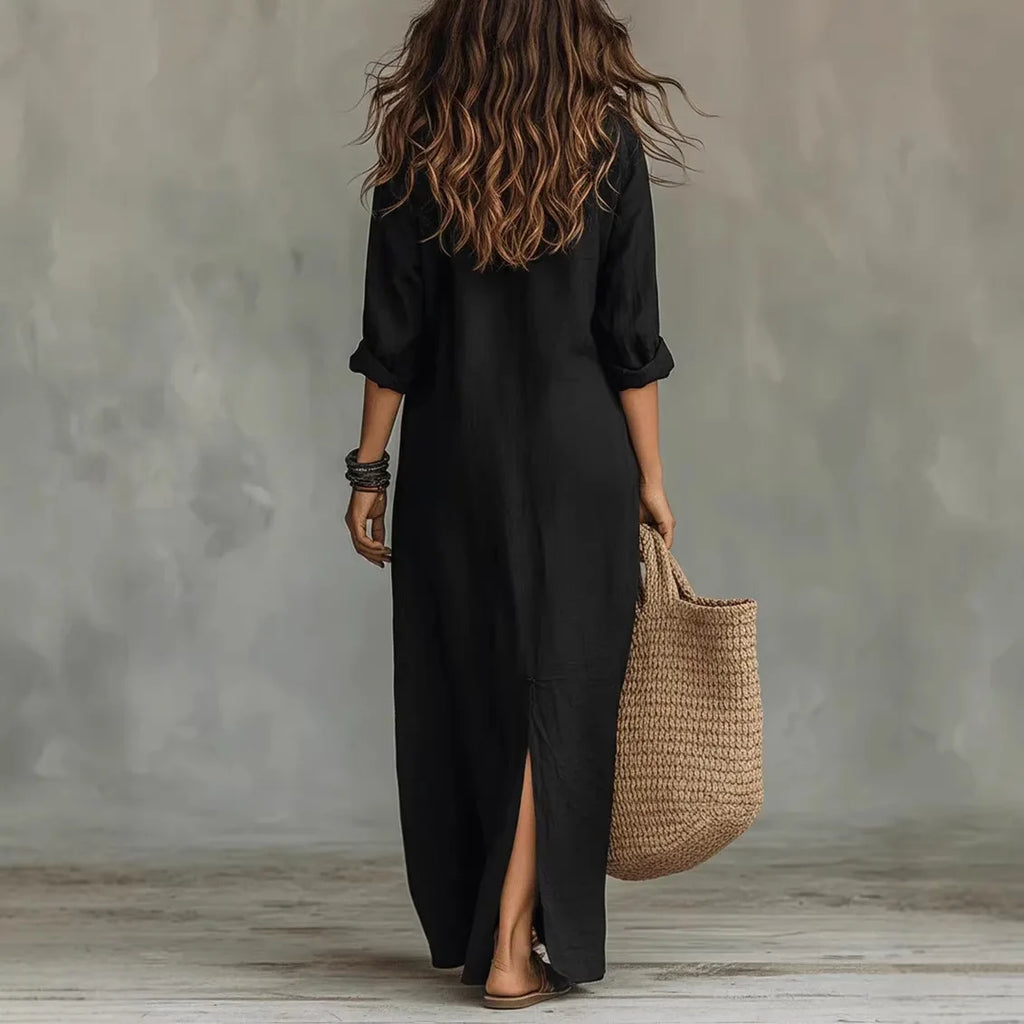 Maura | Dames Maxi Jurk met V-Hals en 3/4 Mouwen – Casual Elegante Jurk met Vloeiende Pasvorm