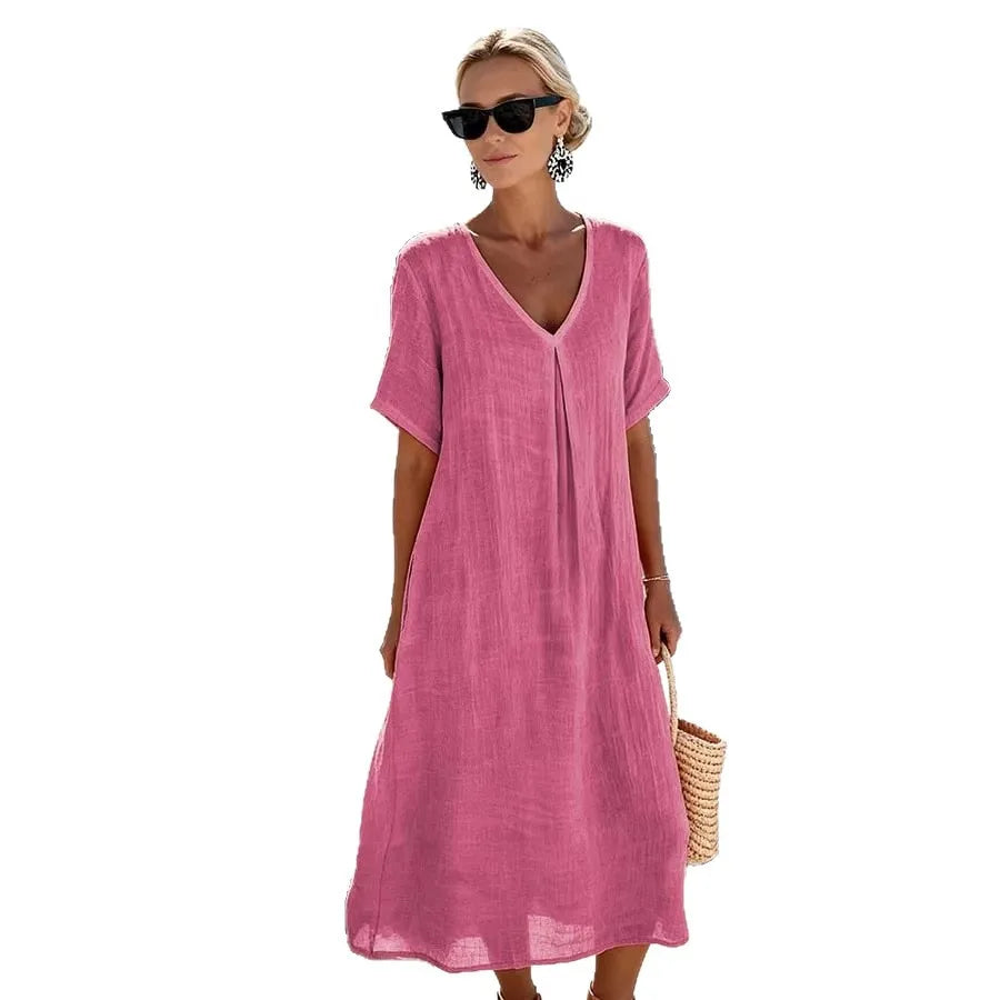 Annalise | Dames Casual Midi Jurk – Elegante V-Hals met Vloeiende Pasvorm
