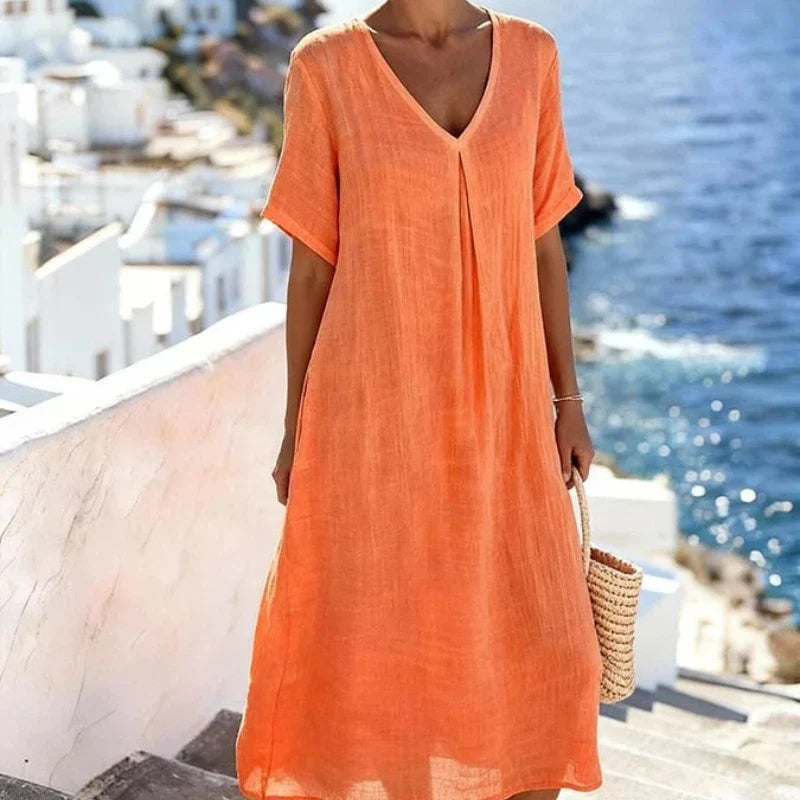 Annalise | Dames Casual Midi Jurk – Elegante V-Hals met Vloeiende Pasvorm