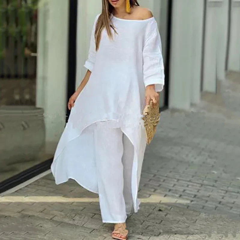 Jovessa | Zomerse katoen-linnen set voor dames – bij elkaar passende outfit met top en broek