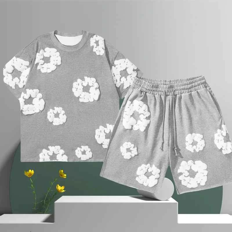 Arianne | Dames Katoenen Tweedelige Shortset – 3D Bloemen Blouse met Knopen en Bijpassende Shorts