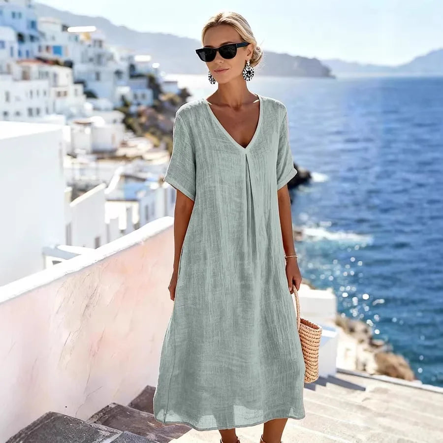 Annalise | Dames Casual Midi Jurk – Elegante V-Hals met Vloeiende Pasvorm