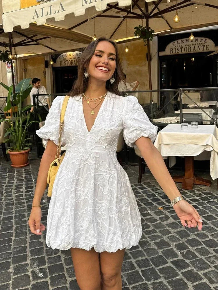 Jessalira | Dames Elegante V-hals Mini-jurk – Geborduurde Jurk met Pofmouwen