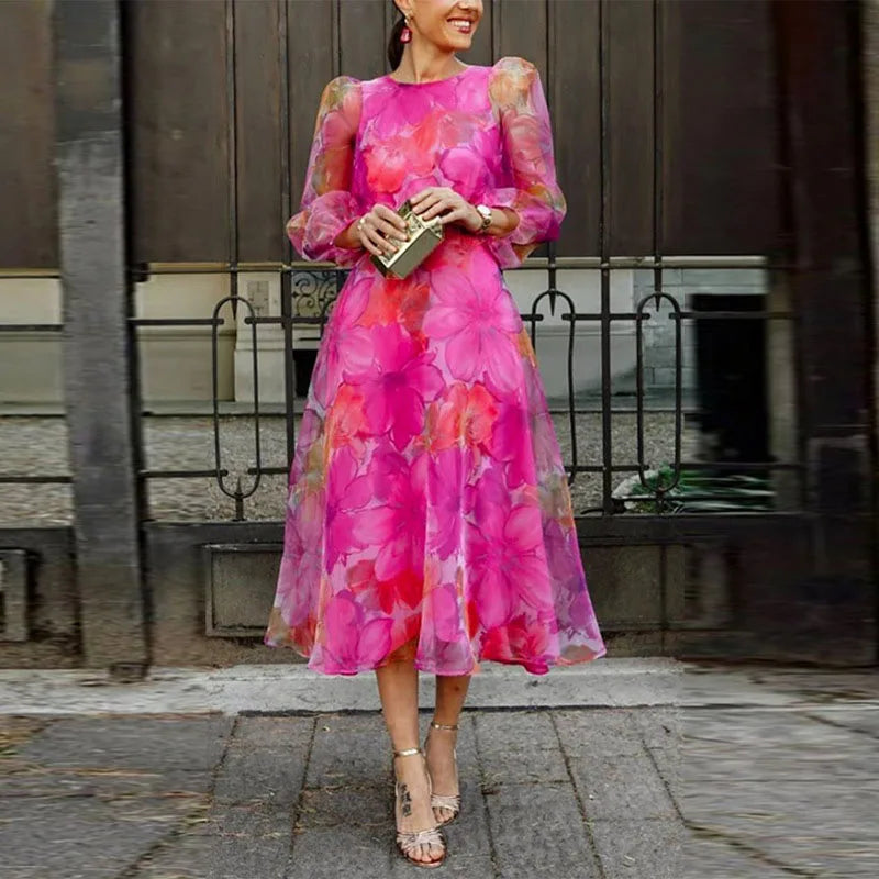 Corissa | Elegante Damesjurk – A-Lijn Midi Feestjurk met Lange Mouwen en Rits