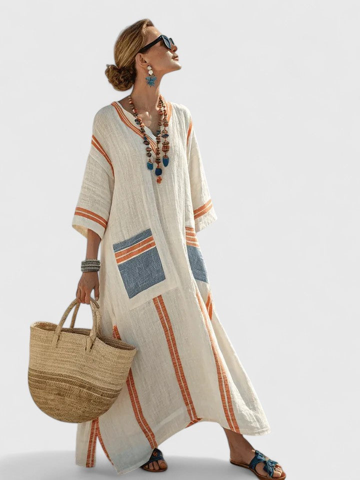 Natasha | Soepelvallende maxi-jurk voor dames – Elegante A-lijnjurk met V-hals