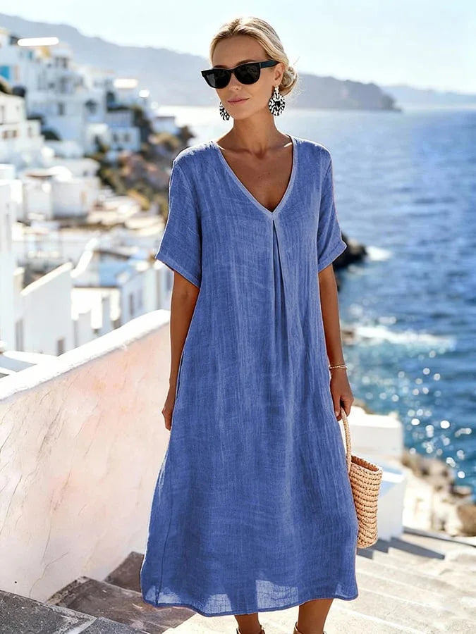 Annalise | Dames Casual Midi Jurk – Elegante V-Hals met Vloeiende Pasvorm