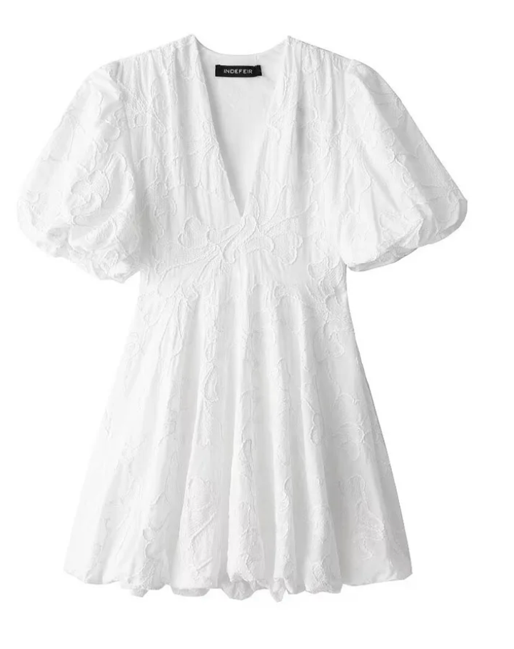 Jessalira | Dames Elegante V-hals Mini-jurk – Geborduurde Jurk met Pofmouwen