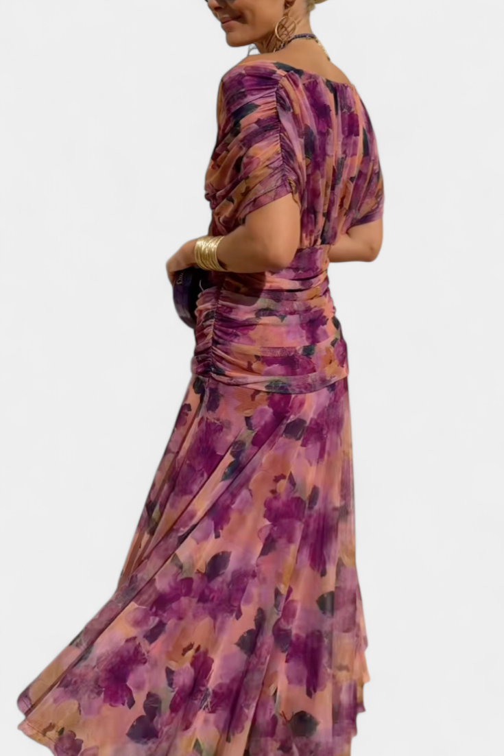 Blair | Geplooide Maxi Jurk voor Dames – Elegante Lange Bloemenjurk met V-Hals