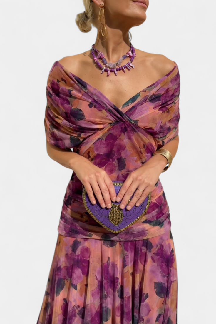 Blair | Geplooide Maxi Jurk voor Dames – Elegante Lange Bloemenjurk met V-Hals