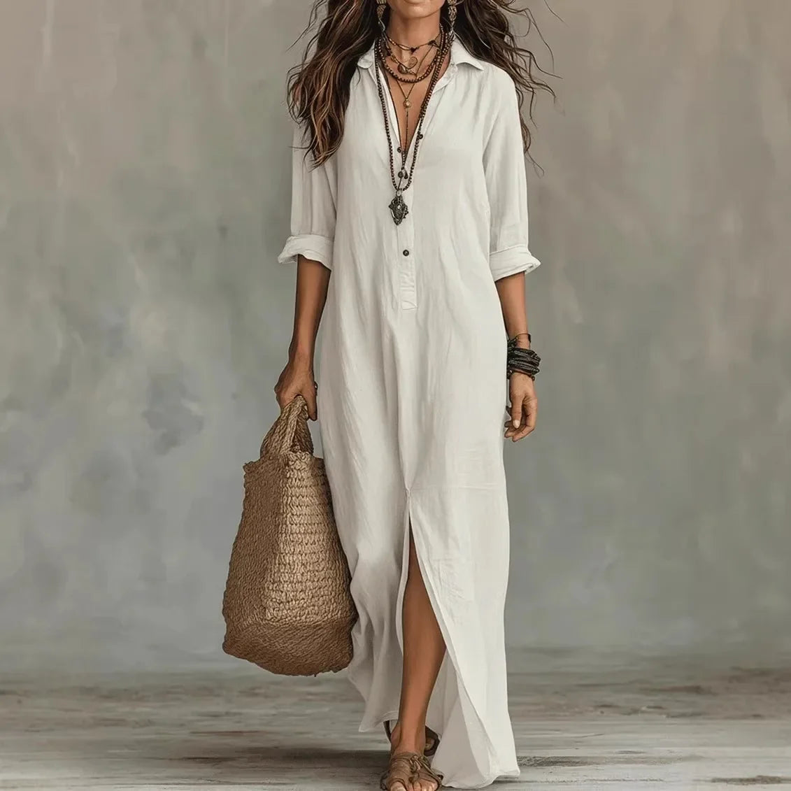 Maura | Dames Maxi Jurk met V-Hals en 3/4 Mouwen – Casual Elegante Jurk met Vloeiende Pasvorm