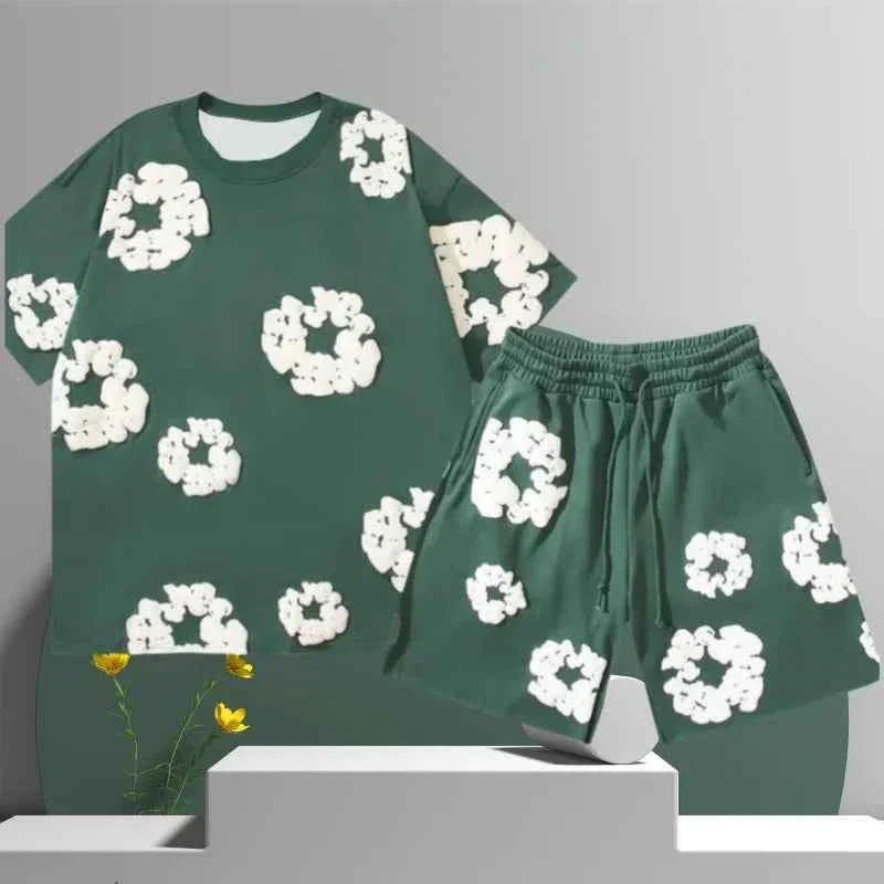 Arianne | Dames Katoenen Tweedelige Shortset – 3D Bloemen Blouse met Knopen en Bijpassende Shorts