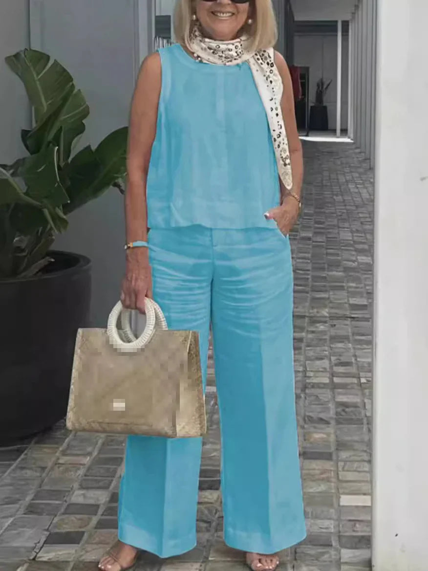 Zorina | Casual katoen-linnen set voor dames – tuniek met lange mouwen en broek met wijde pijpen