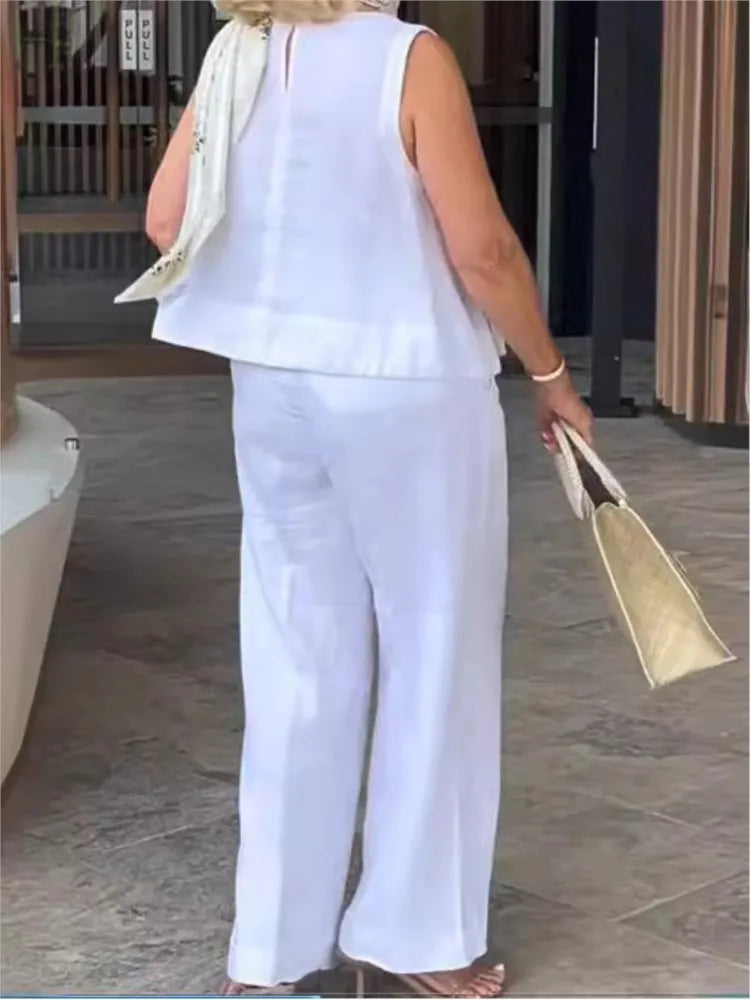 Zorina | Casual katoen-linnen set voor dames – tuniek met lange mouwen en broek met wijde pijpen