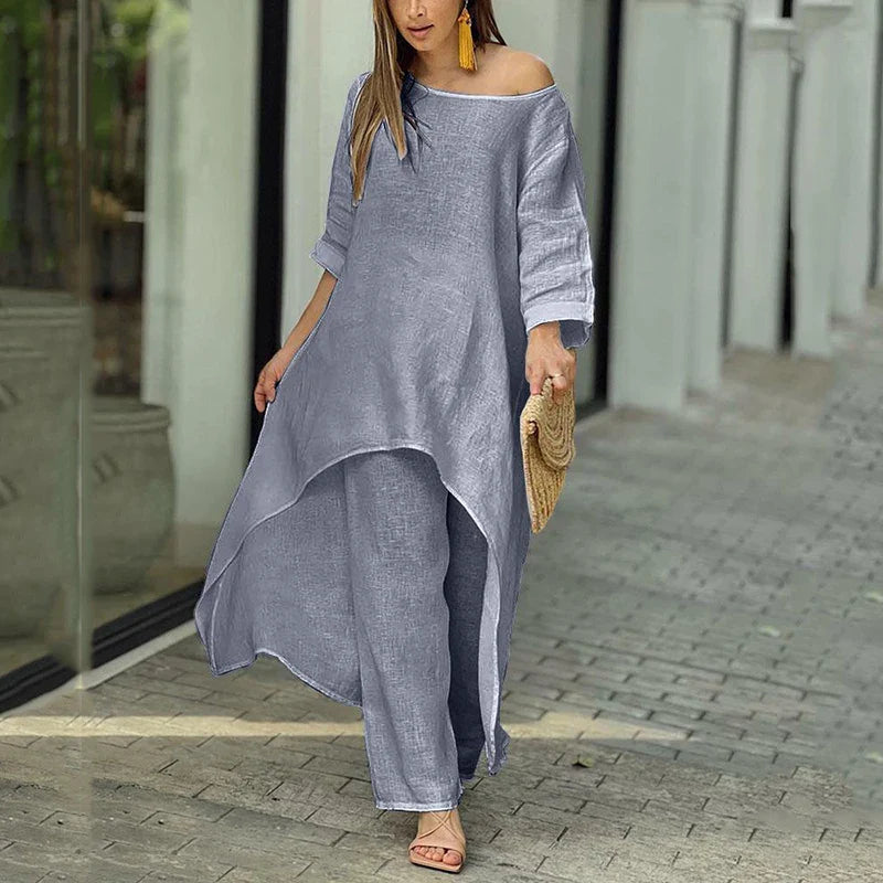 Jovessa | Zomerse katoen-linnen set voor dames – bij elkaar passende outfit met top en broek