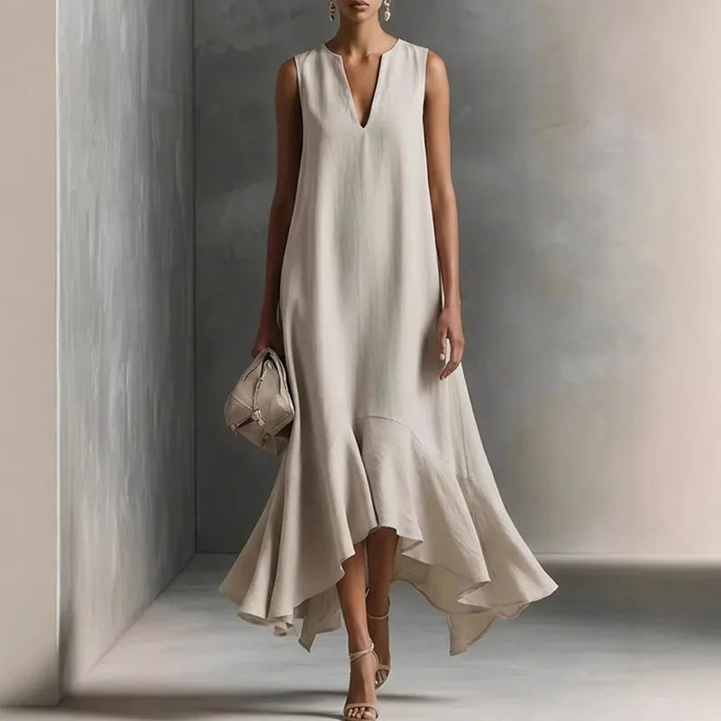 Paige | Boho Maxi Jurk voor Dames – V-Hals Lange Losvallende Jurk met Volantzoom