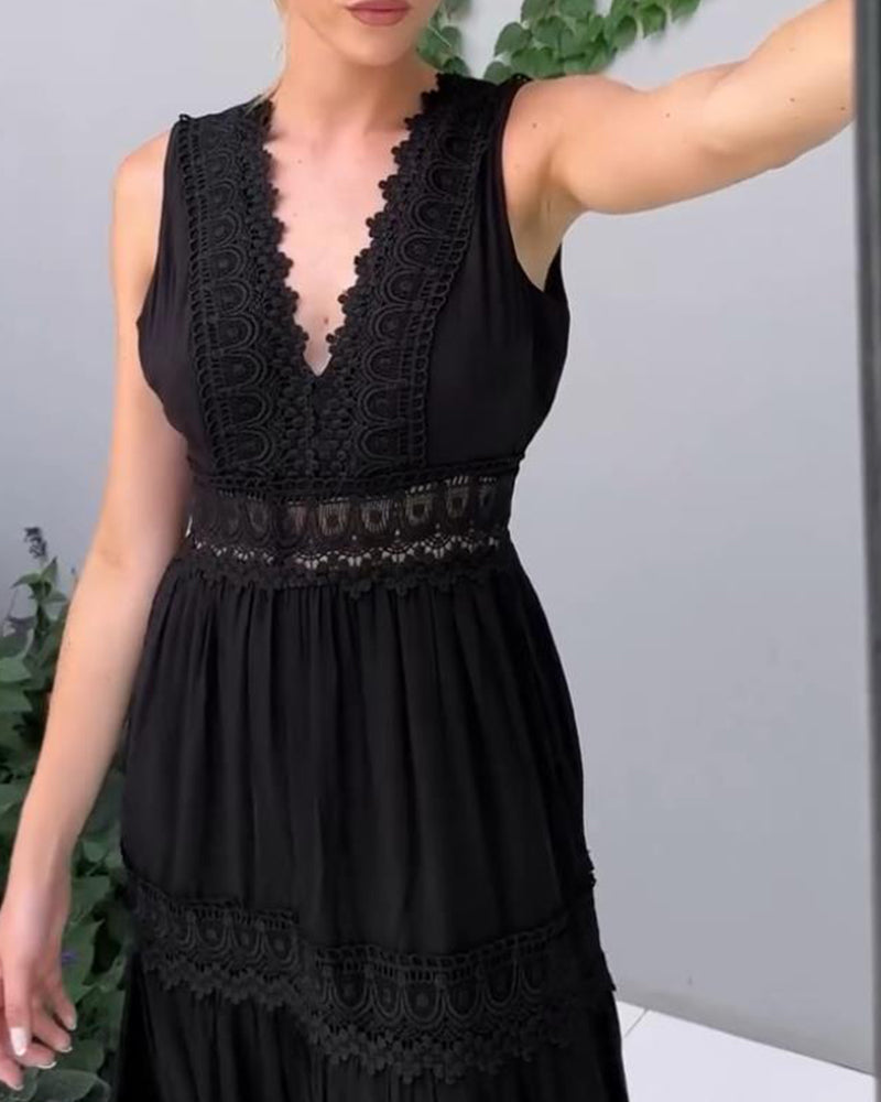 Indigo | Elegante kanten tanktopjurk voor dames – Midi-jurk met V-hals en zonder mouwen