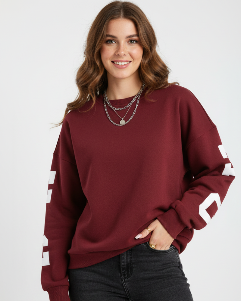Almut | Dames Oversized Sweater met Ronde Hals en Grafische Mouwen