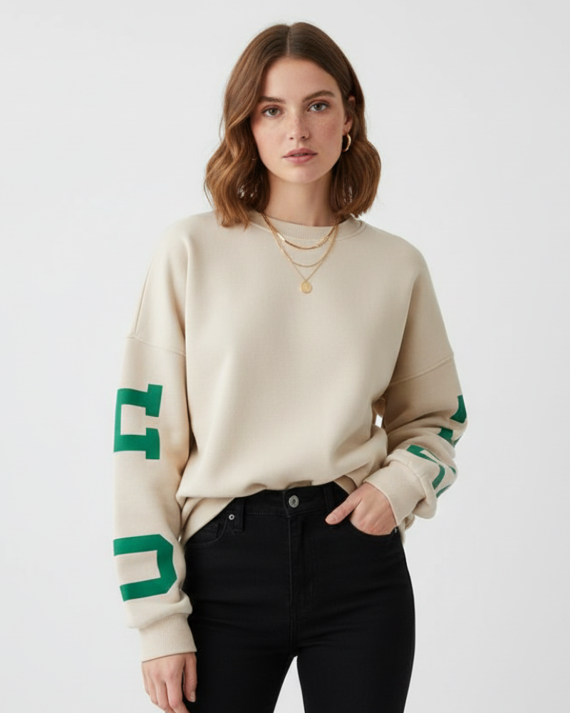 Almut | Dames Oversized Sweater met Ronde Hals en Grafische Mouwen