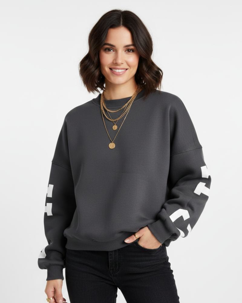 Almut | Dames Oversized Sweater met Ronde Hals en Grafische Mouwen