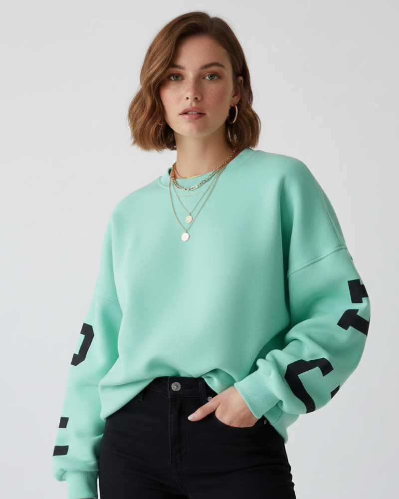 Almut | Dames Oversized Sweater met Ronde Hals en Grafische Mouwen
