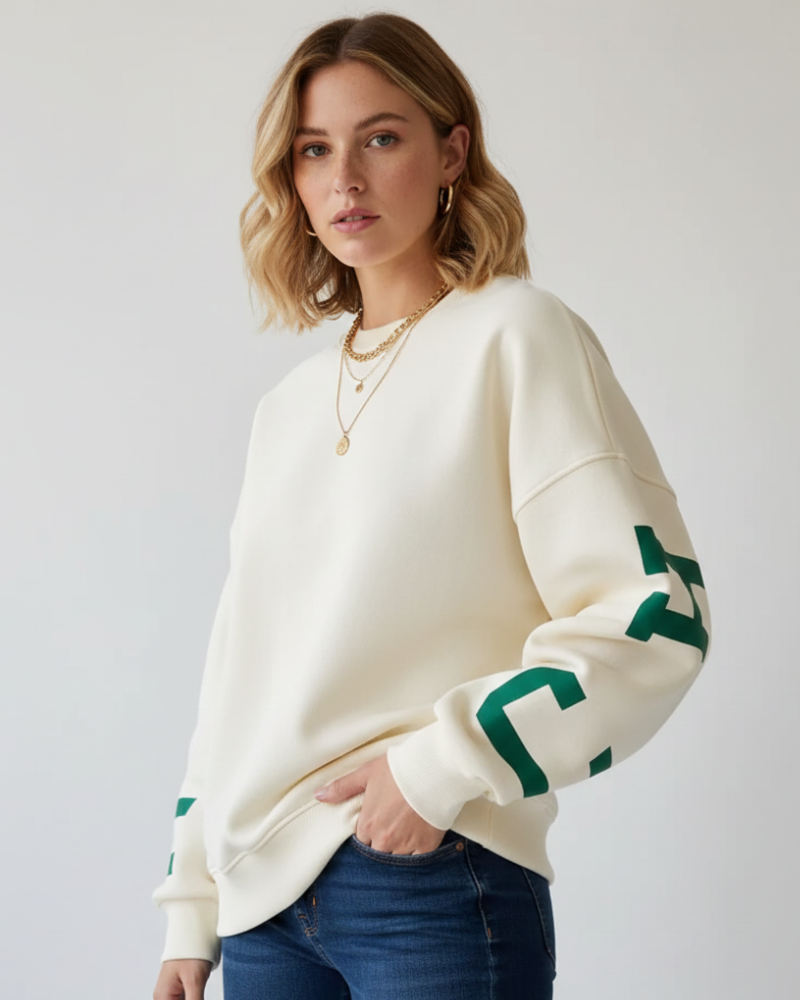 Almut | Dames Oversized Sweater met Ronde Hals en Grafische Mouwen