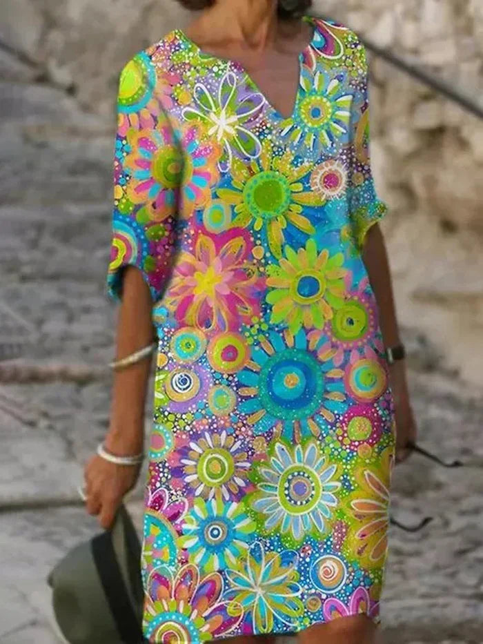 Estelle | Bloemenprint Midi Zomerjurk voor Dames – V-hals Casual Elegante Zomerjurk