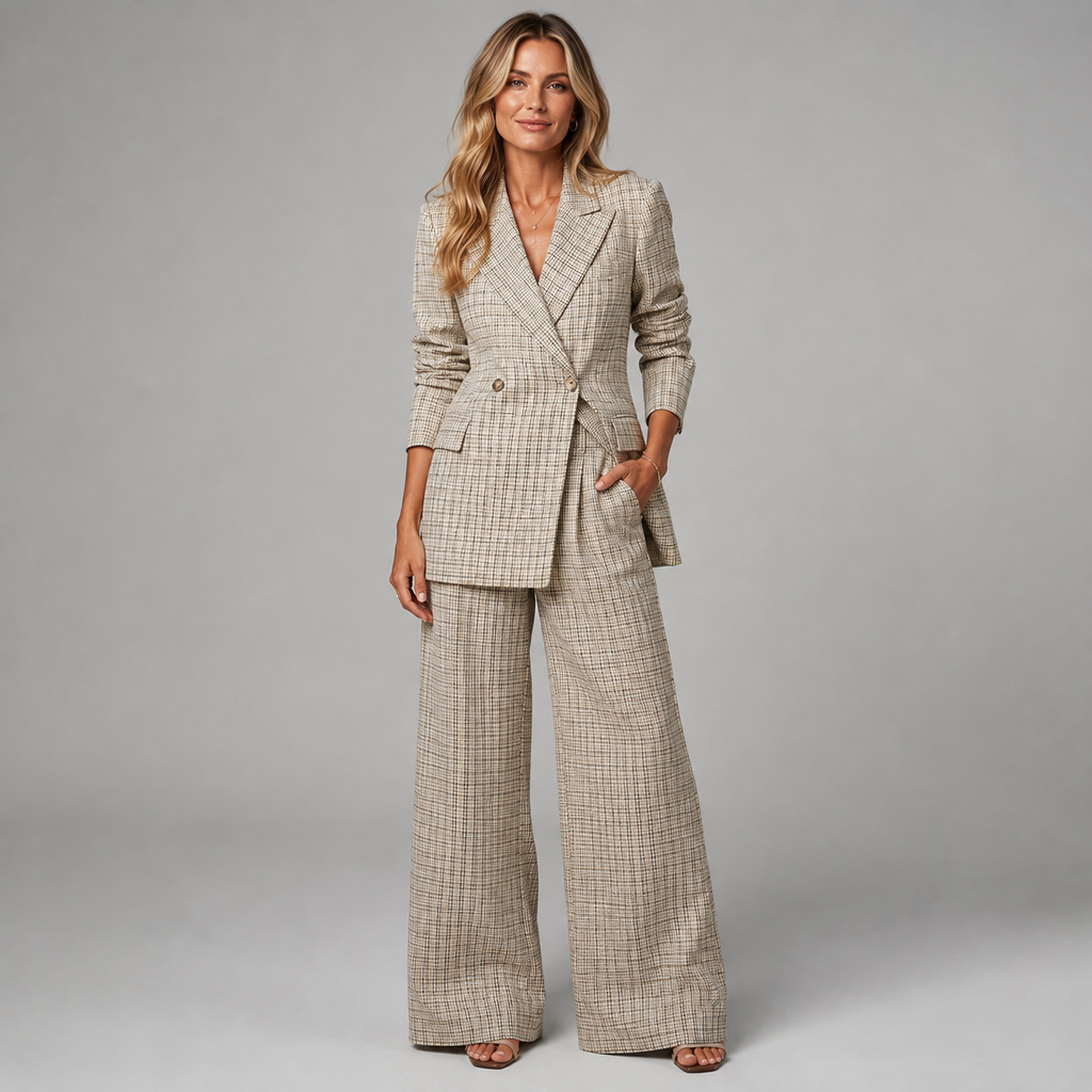 Mette | 2-Delige Geruite Dames Pak met Gevoerde Blazer en Wijde Pantalon