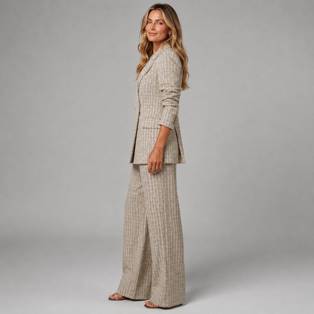 Mette | 2-Delige Geruite Dames Pak met Gevoerde Blazer en Wijde Pantalon