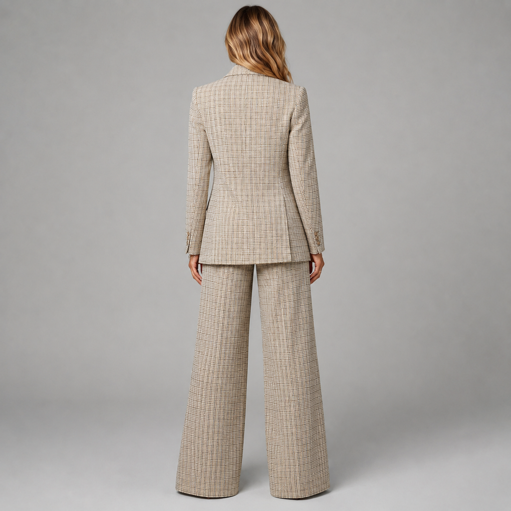 Mette | 2-Delige Geruite Dames Pak met Gevoerde Blazer en Wijde Pantalon