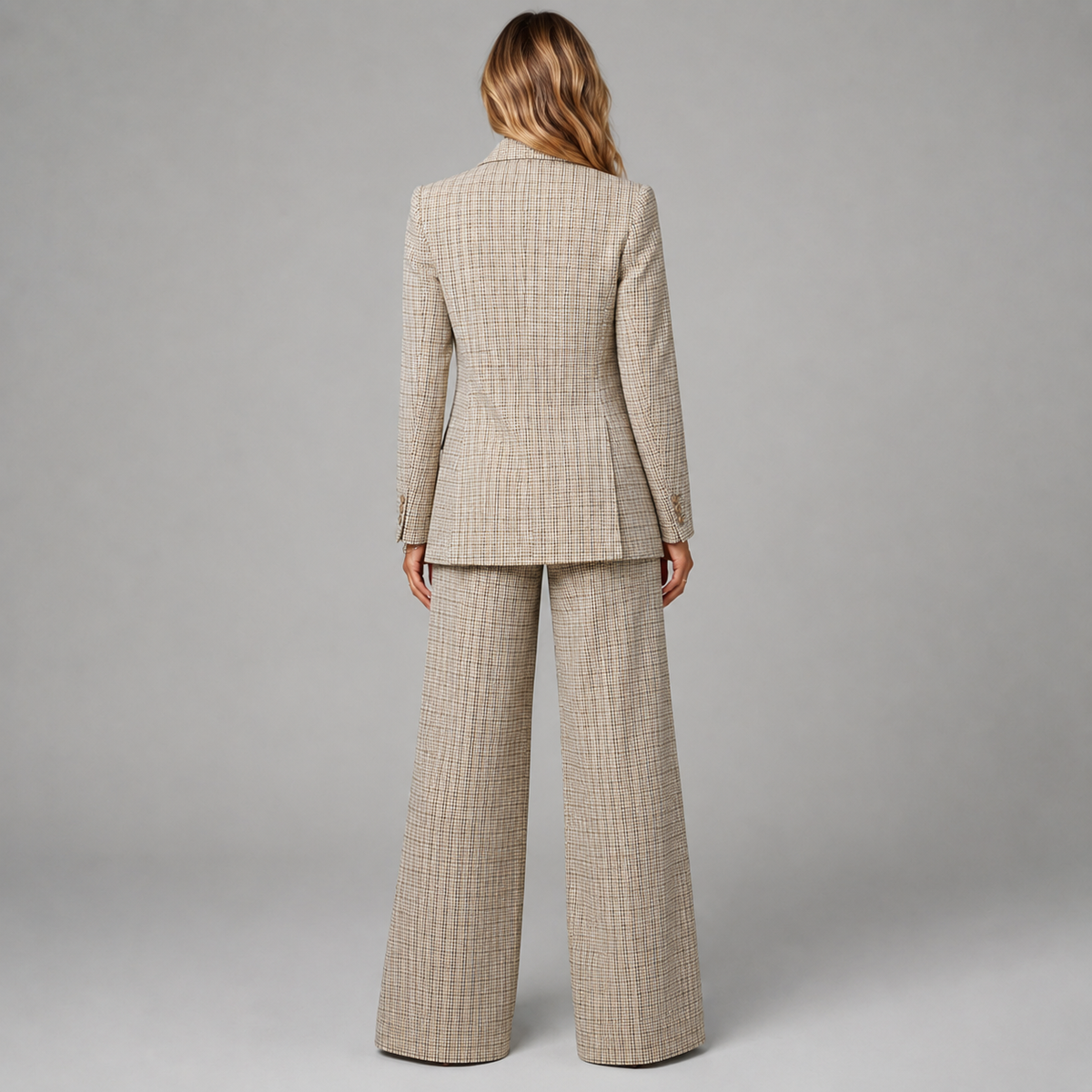Mette | 2-Delige Geruite Dames Pak met Gevoerde Blazer en Wijde Pantalon