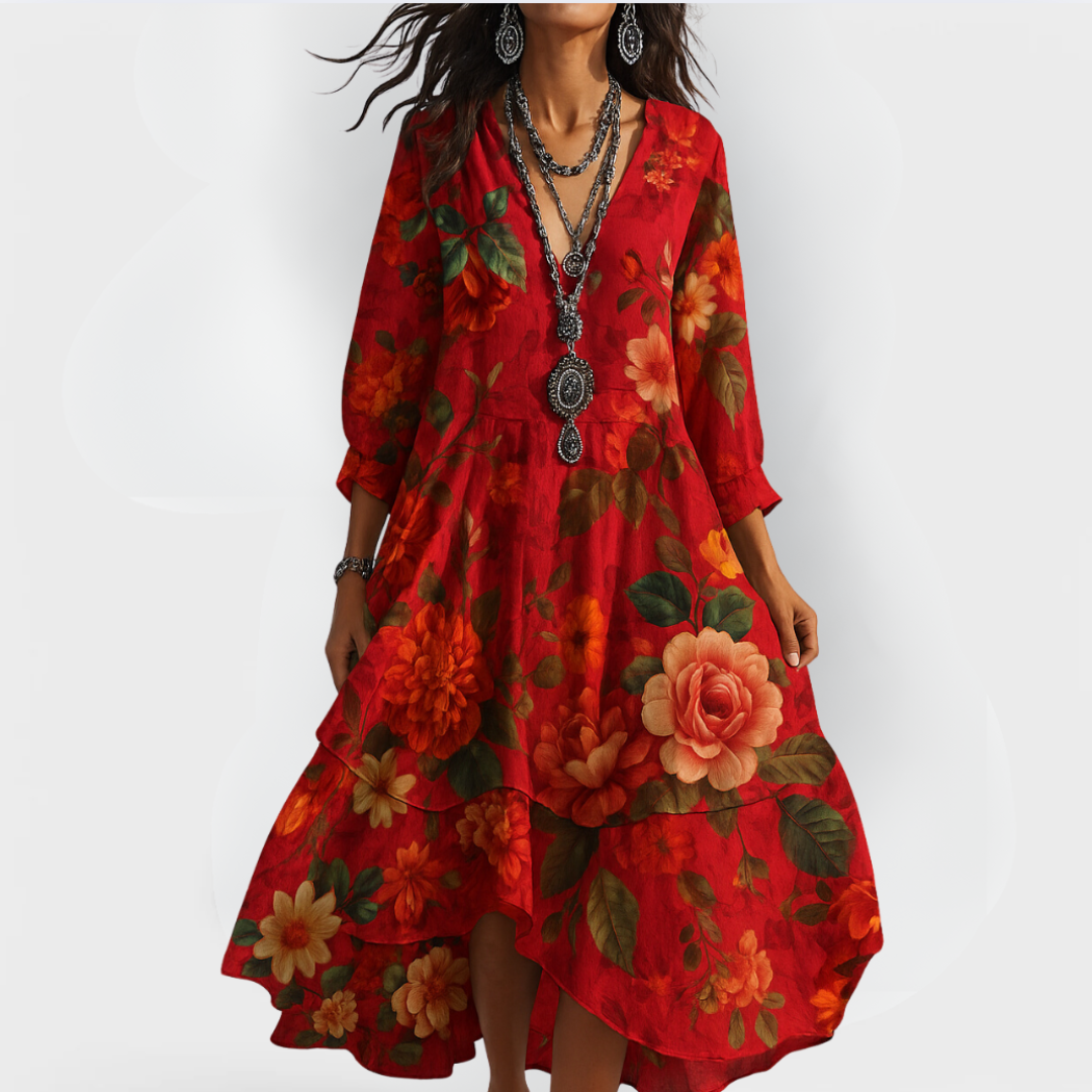 Jirelle | Dames Bohemian Zomerjurk – Vintage V-hals Jurk, Casual Zwierige Midi-jurk