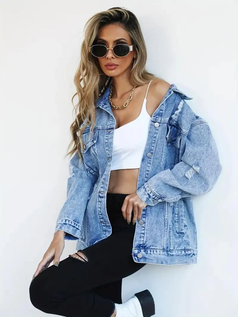 Ilyndra | Dames Oversized Spijkerjas – Casual Jeansjas met Knoopsluiting