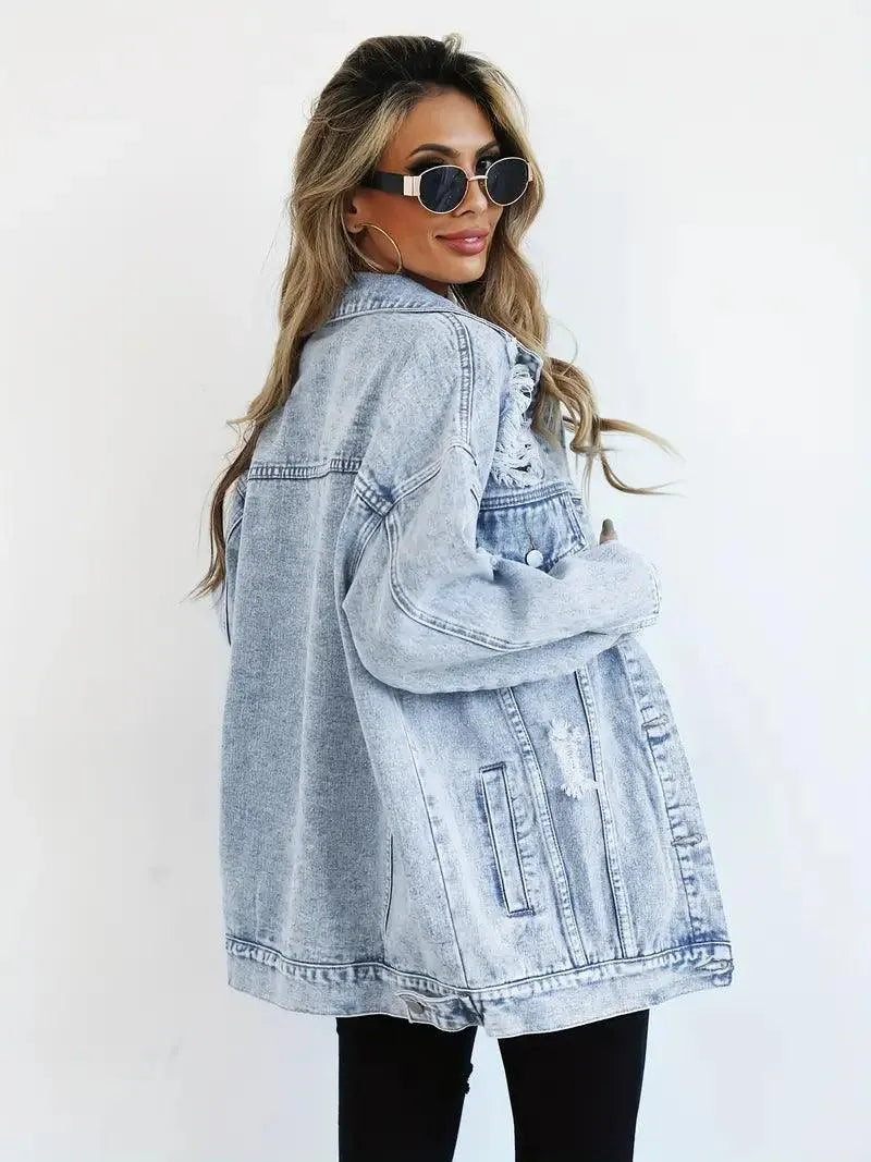 Ilyndra | Dames Oversized Spijkerjas – Casual Jeansjas met Knoopsluiting