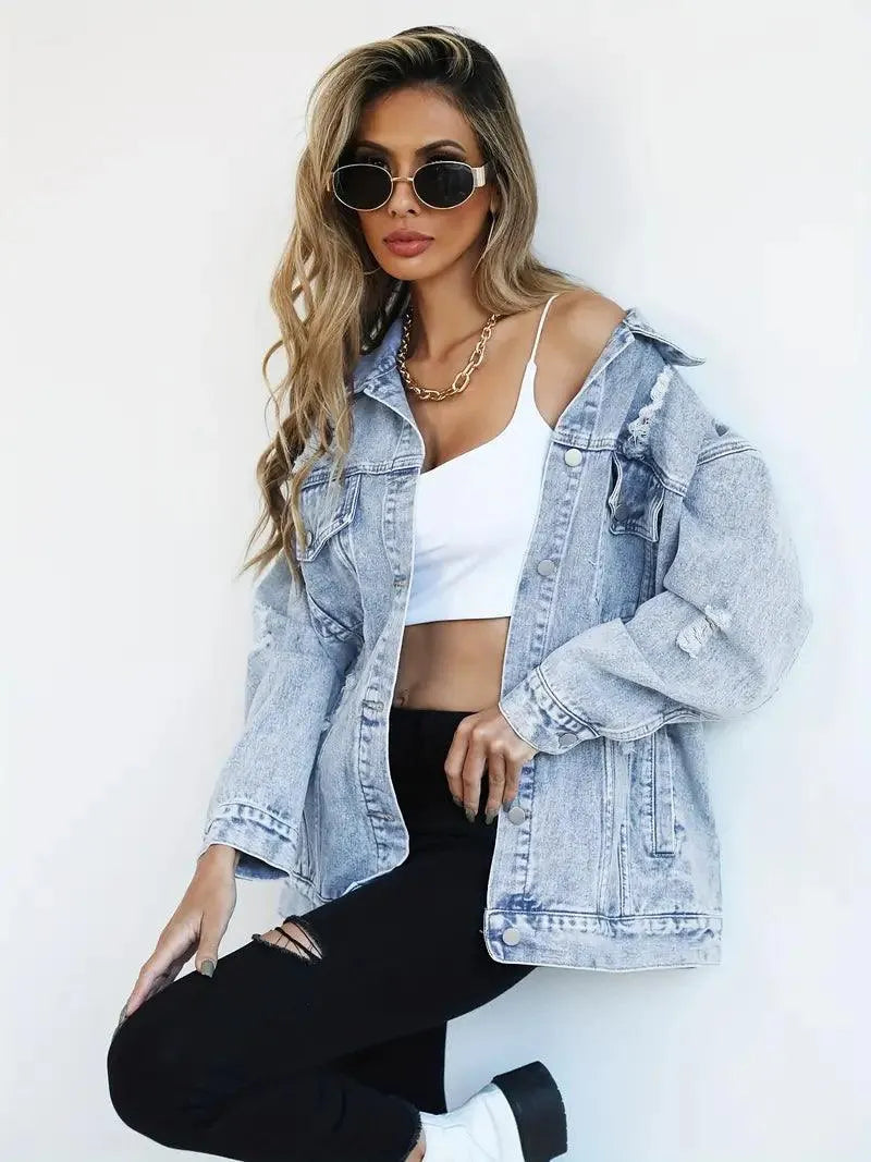 Ilyndra | Dames Oversized Spijkerjas – Casual Jeansjas met Knoopsluiting