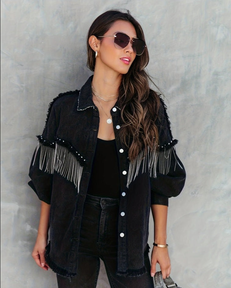 Jessara | Dames Spijkerjas met Franjes – Trendy Jeansjas met Knoopsluiting