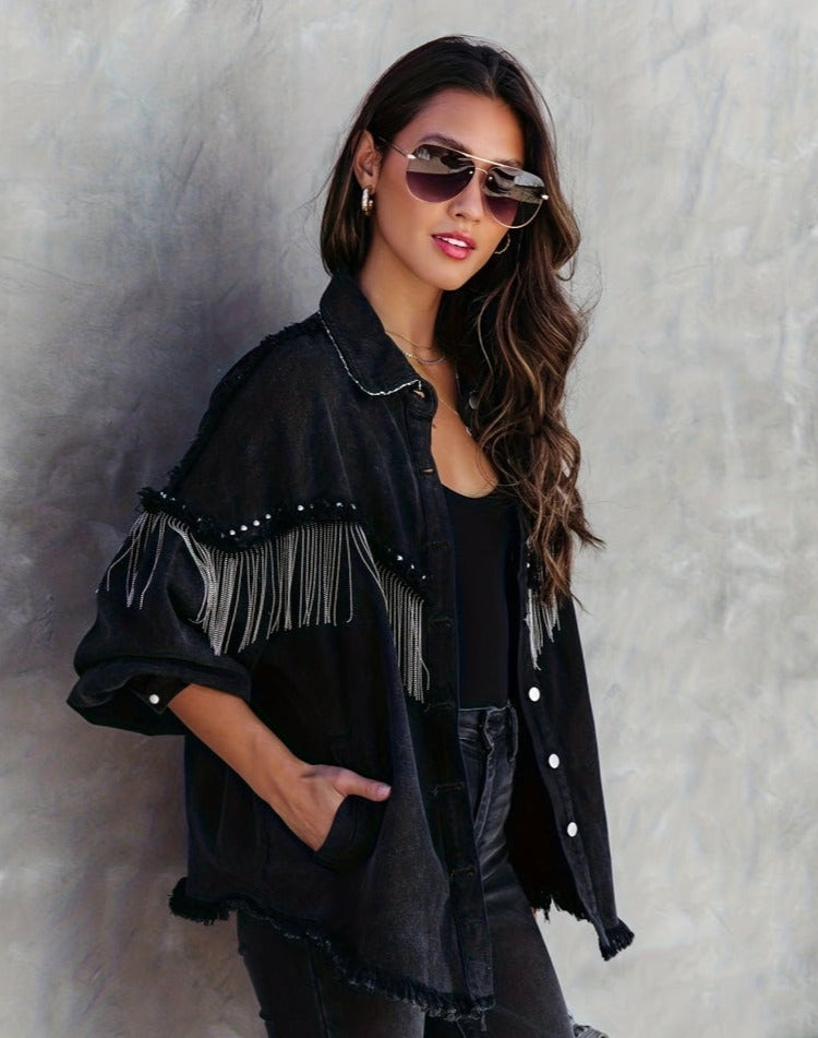 Jessara | Dames Spijkerjas met Franjes – Trendy Jeansjas met Knoopsluiting