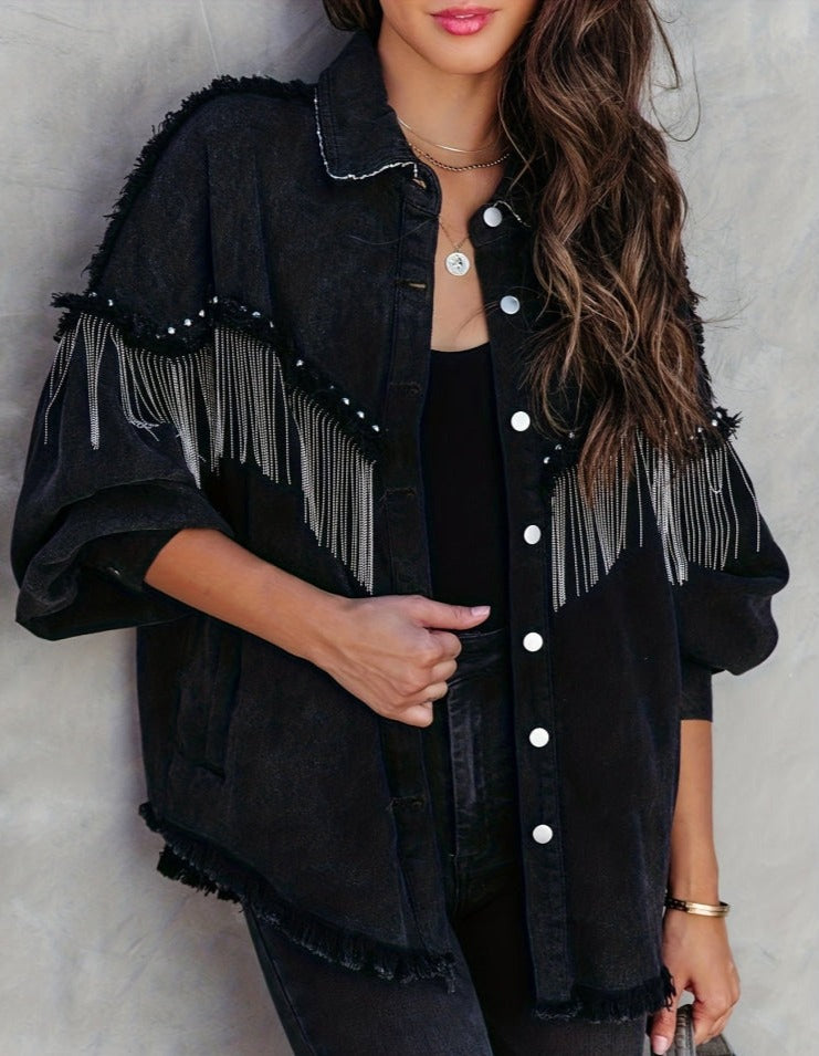 Jessara | Dames Spijkerjas met Franjes – Trendy Jeansjas met Knoopsluiting