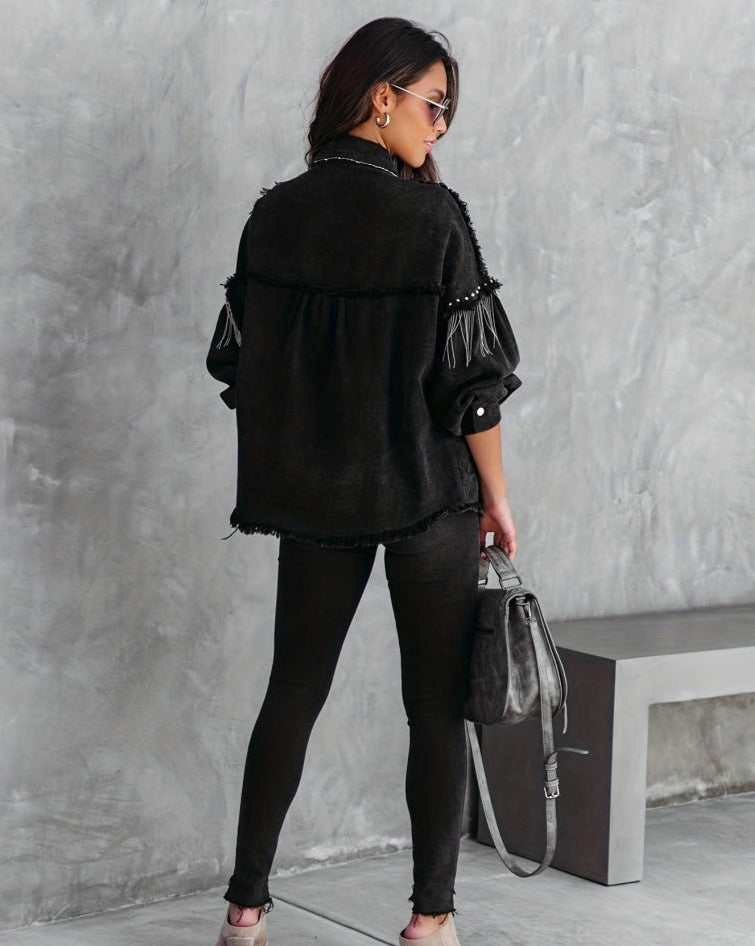 Jessara | Dames Spijkerjas met Franjes – Trendy Jeansjas met Knoopsluiting