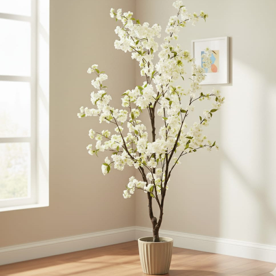 Kunstplant - Prunus - Kersenbloesem - Wit - 175cm