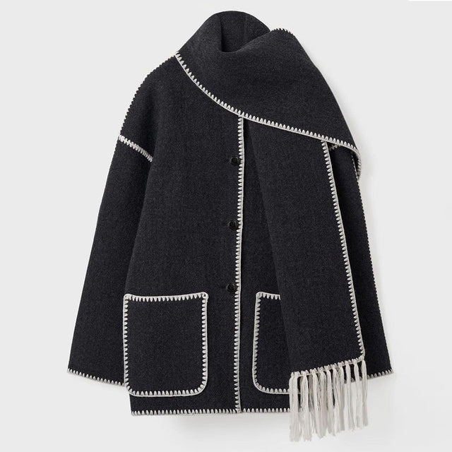 Karmijn | Winterjas voor dames met sjaalkraag, franjes en knoopsluiting