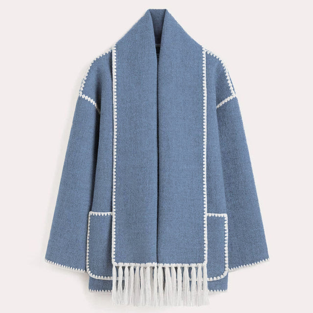 Karmijn | Winterjas voor dames met sjaalkraag, franjes en knoopsluiting