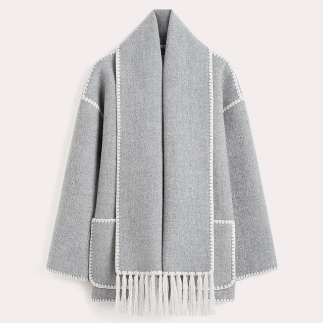Karmijn | Winterjas voor dames met sjaalkraag, franjes en knoopsluiting